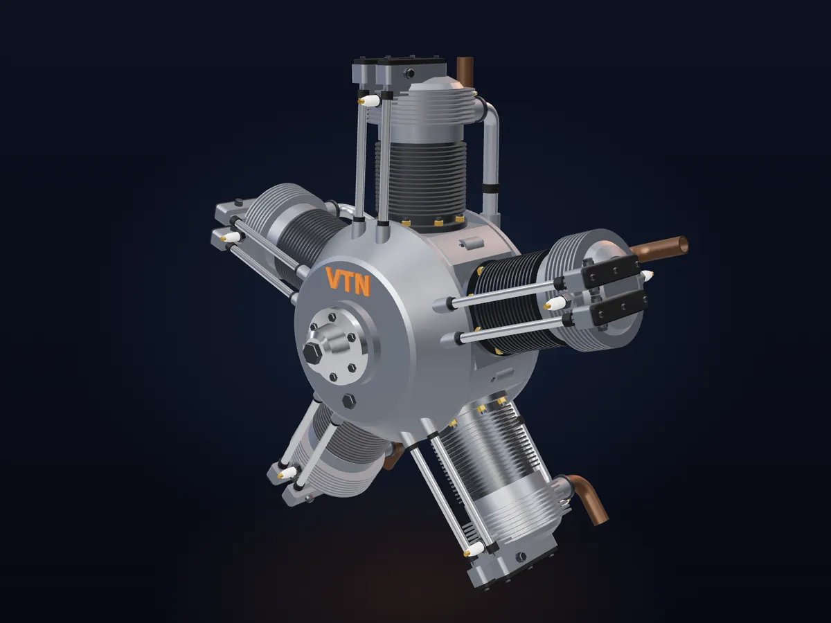 Motorul radial cu 5 cilindri, randat din modelul CAD VTN