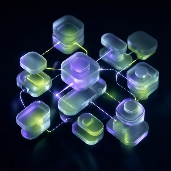 Ilustrație abstractă: blocuri de sticlă legate prin fire de lumină, ca pașii unui flux automat