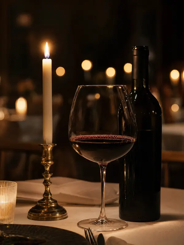 Pahar de vin roșu lângă o lumânare într-un sfeșnic de alamă